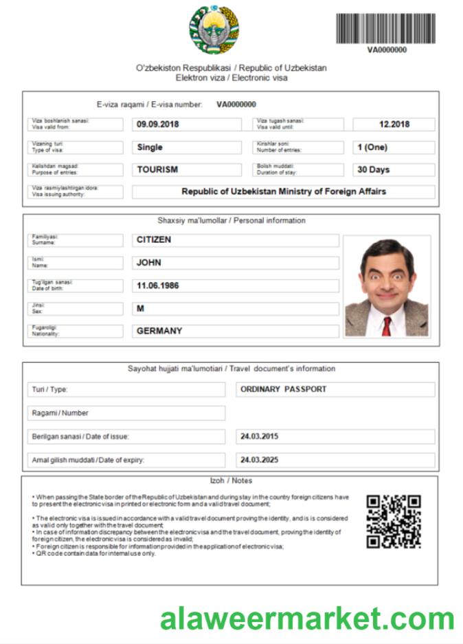 Uzbekistan e-visa in Word and PDF template